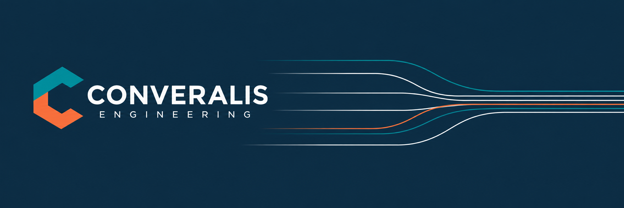 Converalis Engineering logo with teal, orange, and white lines converging across a dark navy field